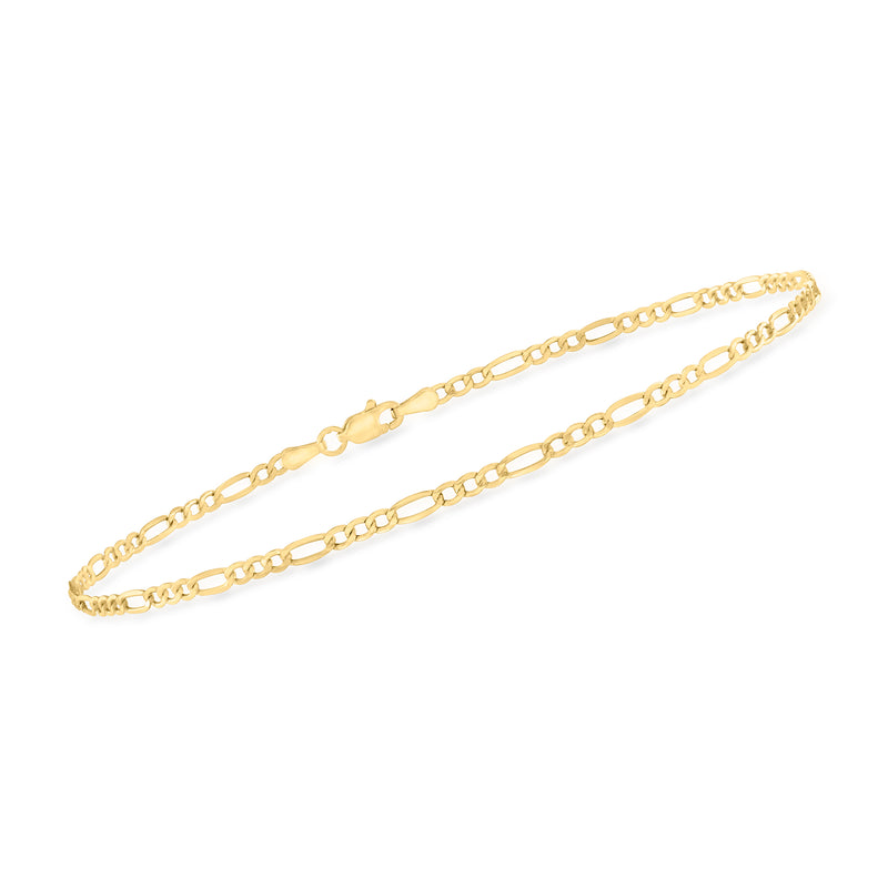 Yellow gold figaro-link anklet with clasp area and alternating polished chain links