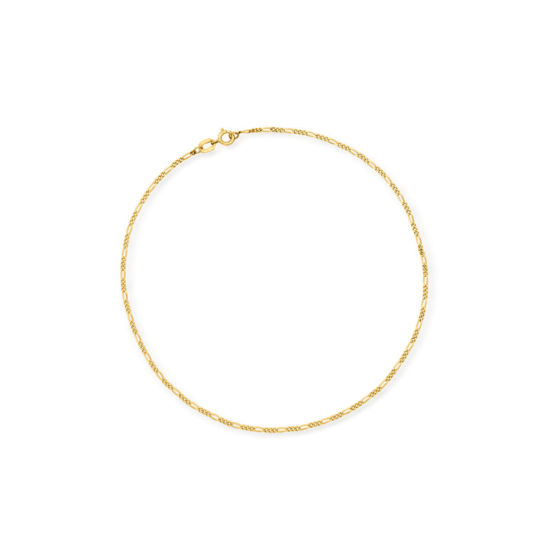Yellow gold Figaro-link anklet with lobster clasp, 1.25mm chain