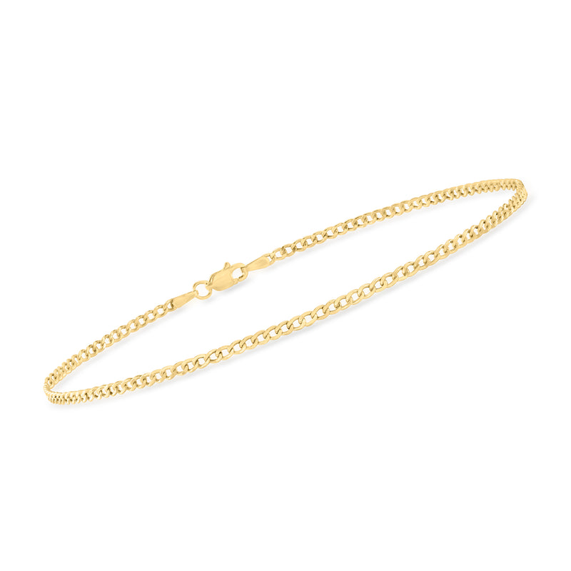 Yellow gold curb-link anklet with small clasp and alternating link shine