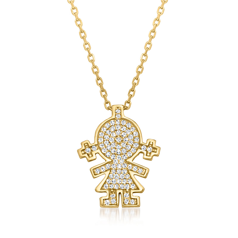 14kt yellow gold pave diamond girl pendant necklace, circular diamond studded head