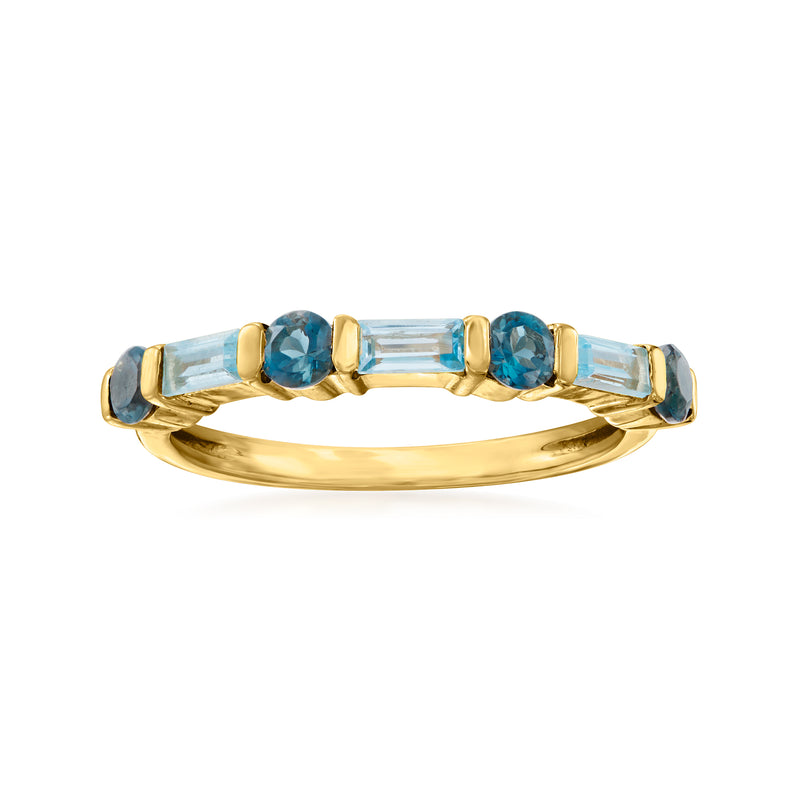 14kt yellow gold ring with baguette and round tonal blue topaz accents