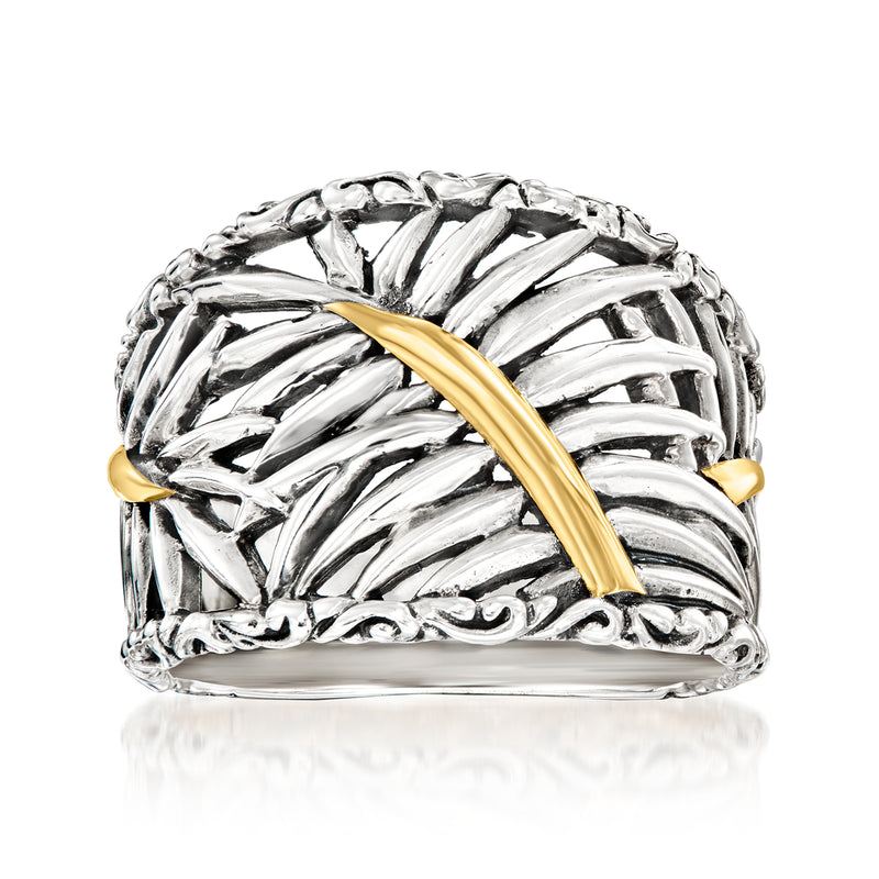Sterling silver Bali-style palm leaf ring with 18kt yellow gold center bar