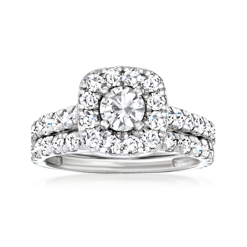 14kt white gold diamond bridal set ring with round center stone and halo