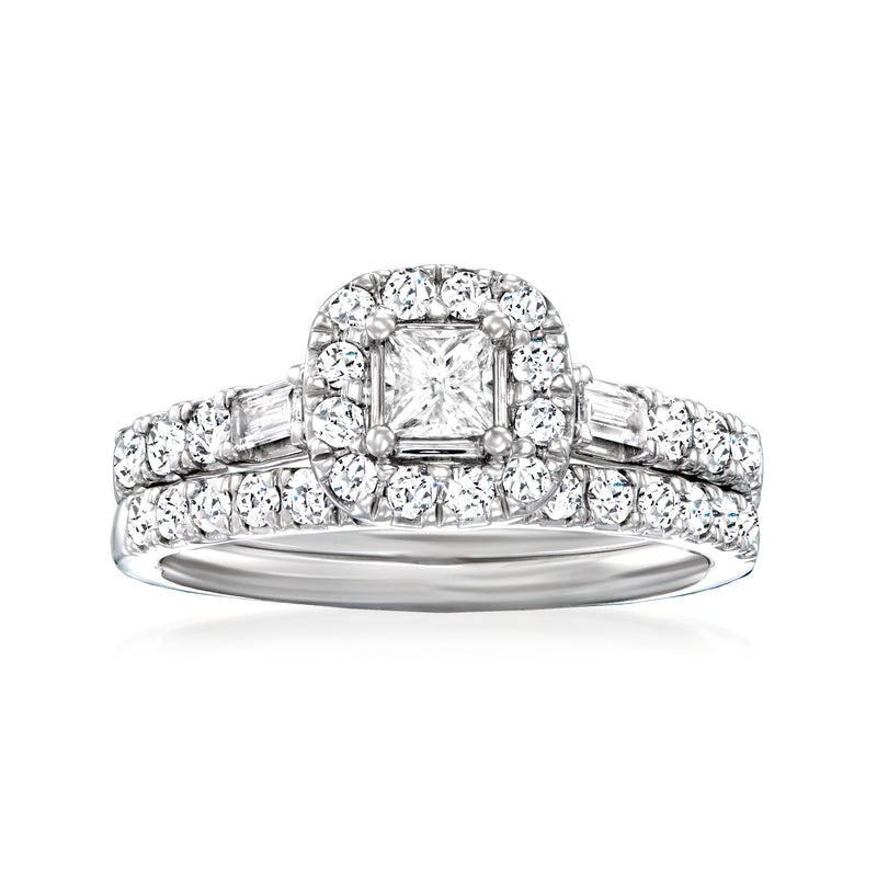 14kt white gold diamond bridal ring with emerald-cut center and round side stones