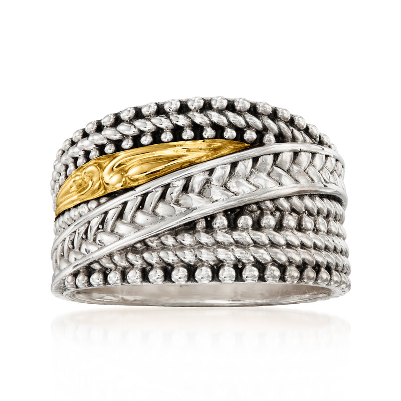 Sterling silver Bali-style highway ring with yellow gold inlay and textured beadwork