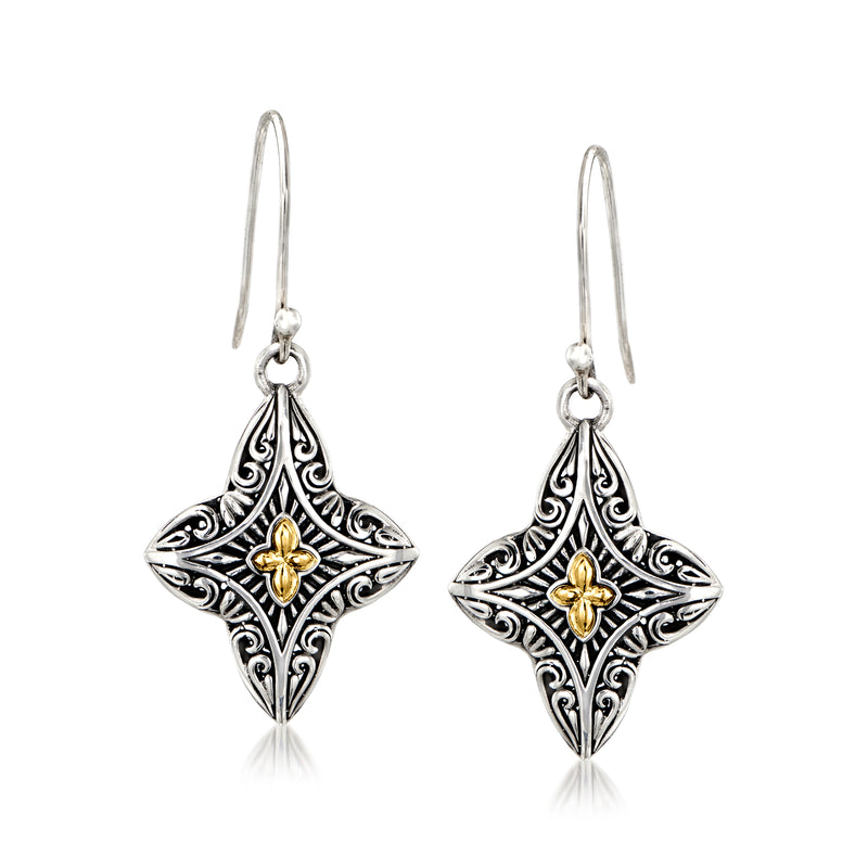 Sterling silver geometric drop earrings with gold accents and ornate Bali style, earwire