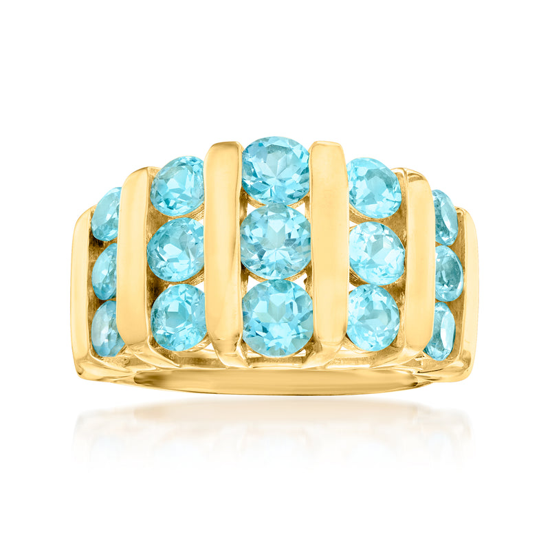 18kt gold over sterling ring with oval Swiss Blue topaz stones, open lattice band