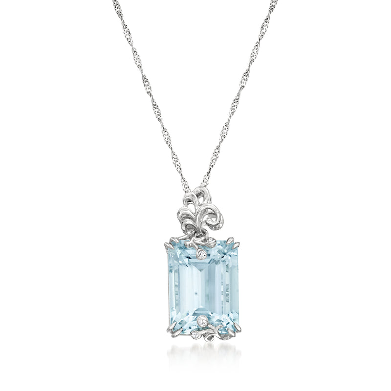 Aquamarine pendant necklace with rectangular light-blue stone and diamond accents