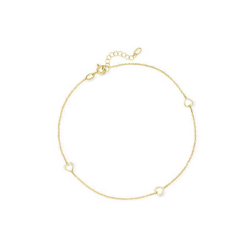 14kt yellow gold three-heart station anklet with small heart links