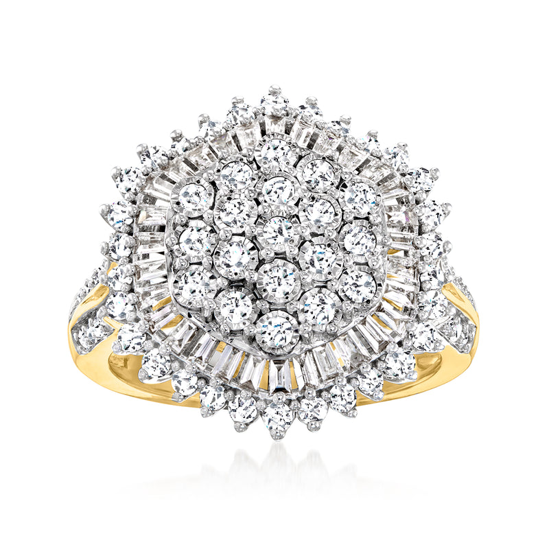 Diamond halo ring in 14kt yellow gold with round and baguette stones