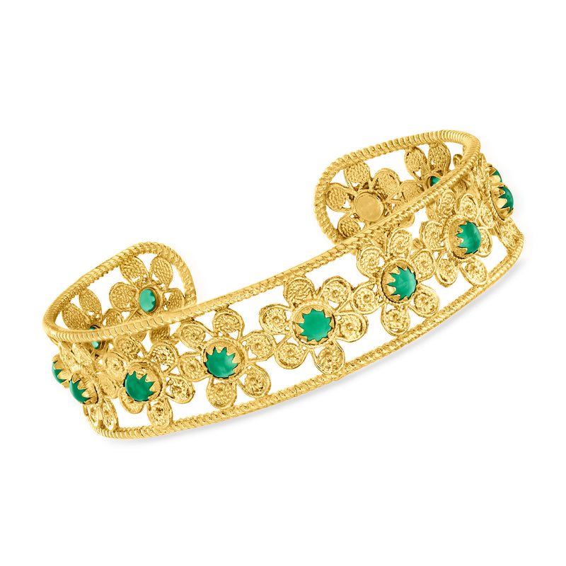 Gold filigree cuff bracelet with green floral gem accents