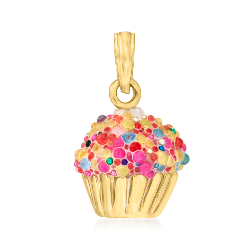 Multicolored enamel beaded cupcake pendant in 14kt yellow gold bail
