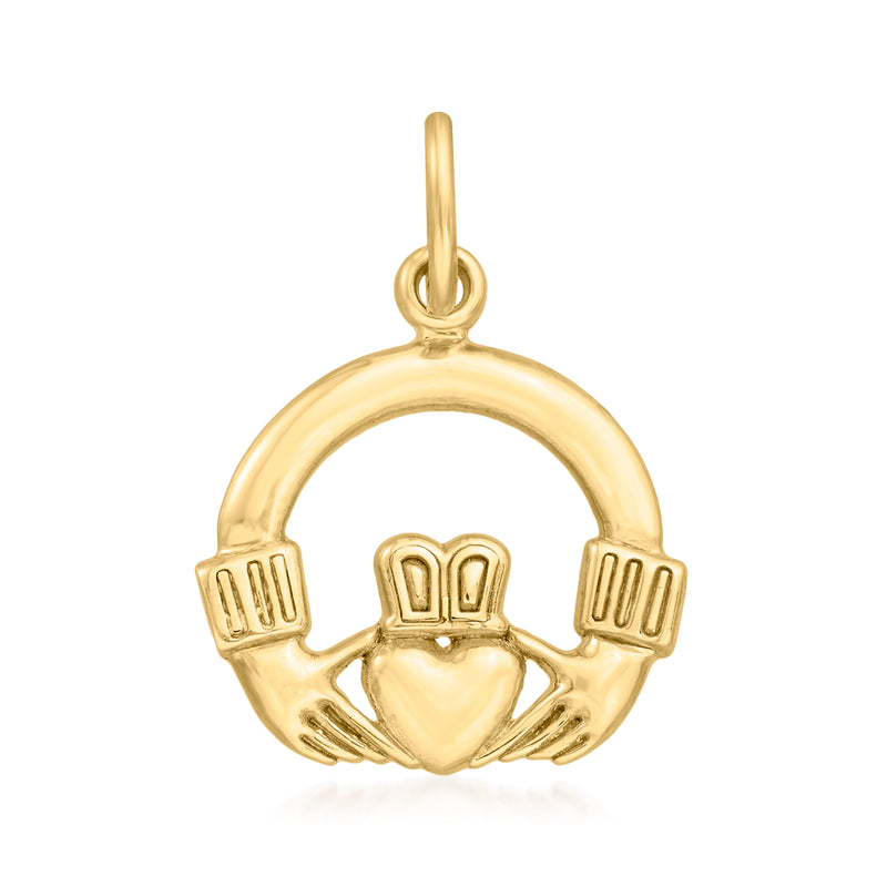 14kt yellow gold claddagh pendant with heart and clasped hands in a ring