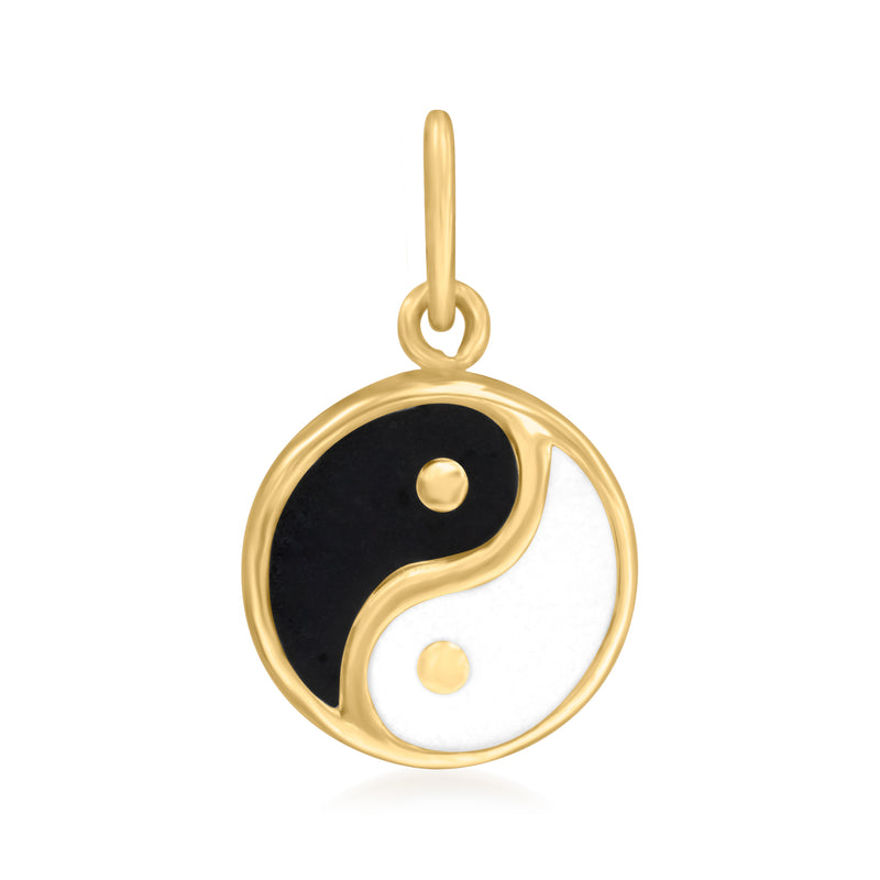 14kt yellow gold yin-yang enamel pendant, black and white halves with gold dot centers