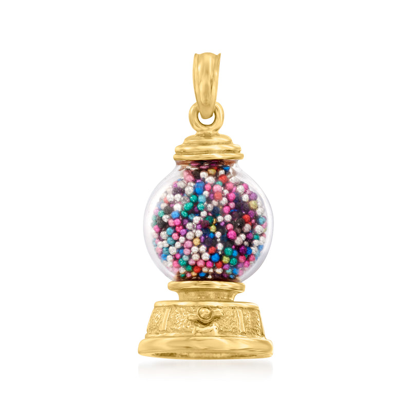14kt yellow gold gumball machine pendant with multicolored bead-filled glass globe