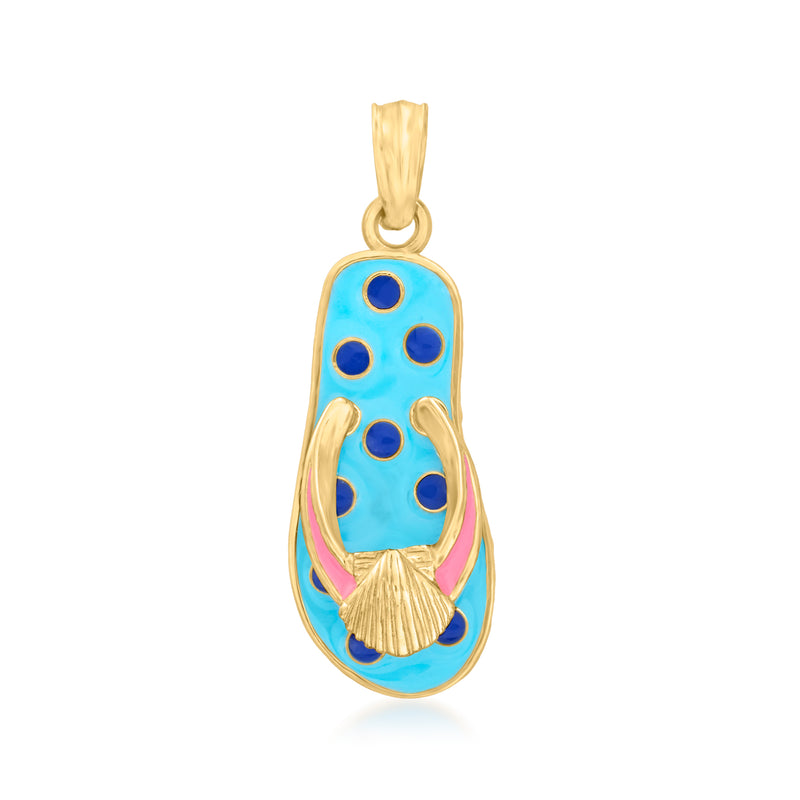 14kt yellow gold flip-flop enamel pendant with blue enamel and pink accents