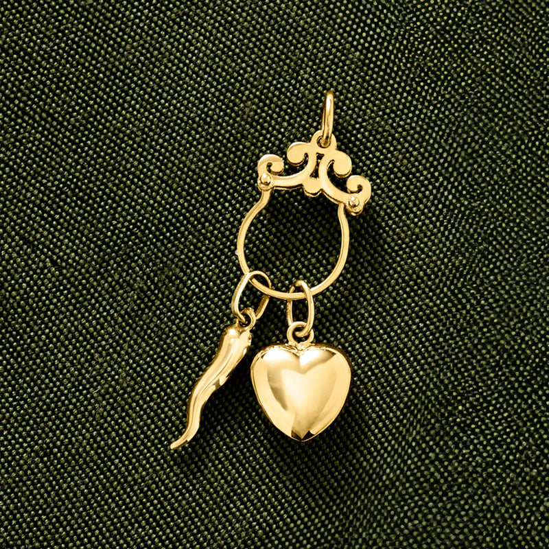 Yellow gold horn charm with heart drop and decorative top loop