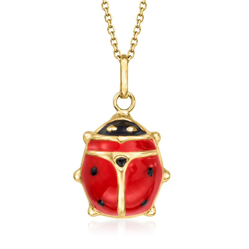 Yellow gold ladybug pendant with red and black enamel, teardrop bail and loop
