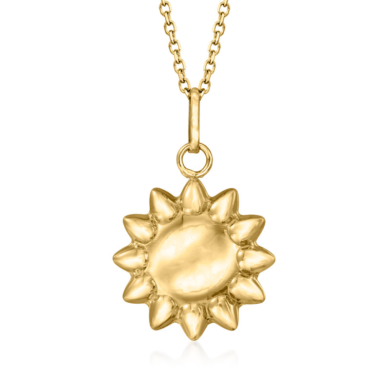 14k yellow gold puffed sun pendant on chain, round bail and spiky rays