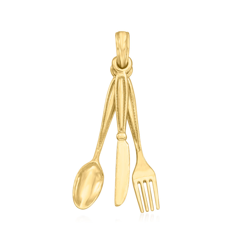 14kt yellow gold cutlery pendant with spoon, fork, and knife charm