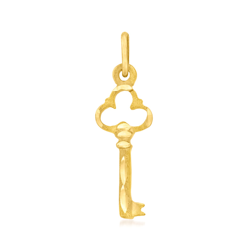 14kt yellow gold skeleton key pendant with openwork bow and ring bale