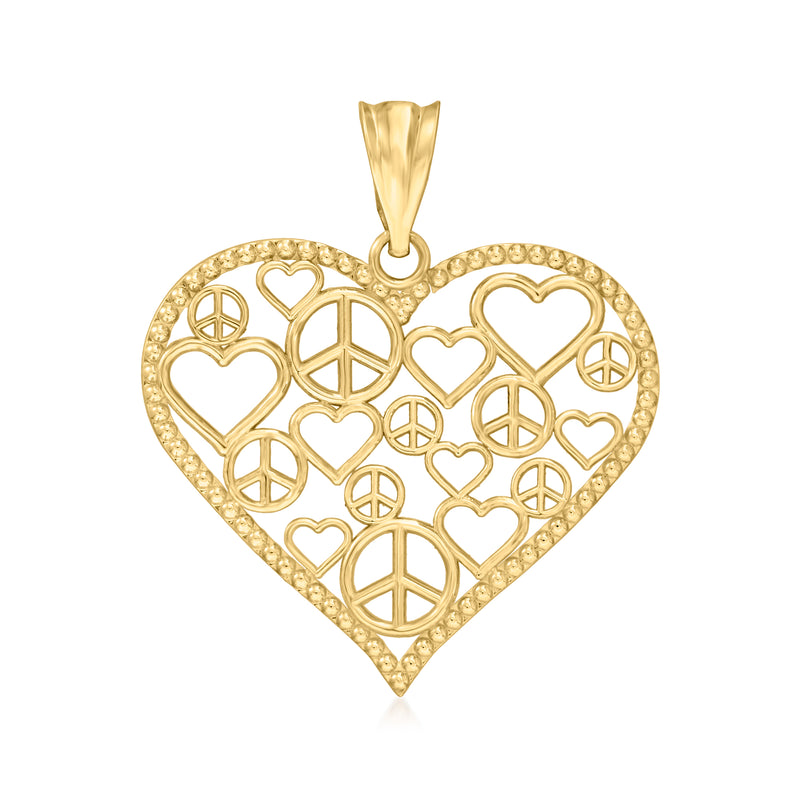 14kt yellow gold heart pendant with peace and love peace-sign and heart motifs
