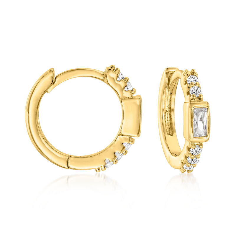 Gold-tone hoop earrings with clear square center stones and side sparkle halos