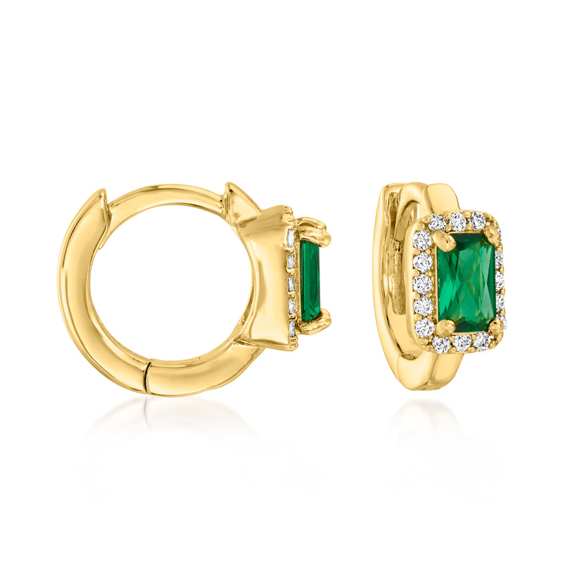 Gold-tone hoop earrings with green square center and clear stone border