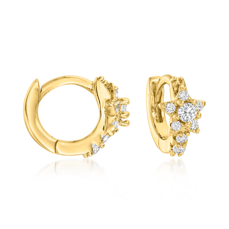 Gold-tone hoop earrings with clear clustered stones around the open hoop