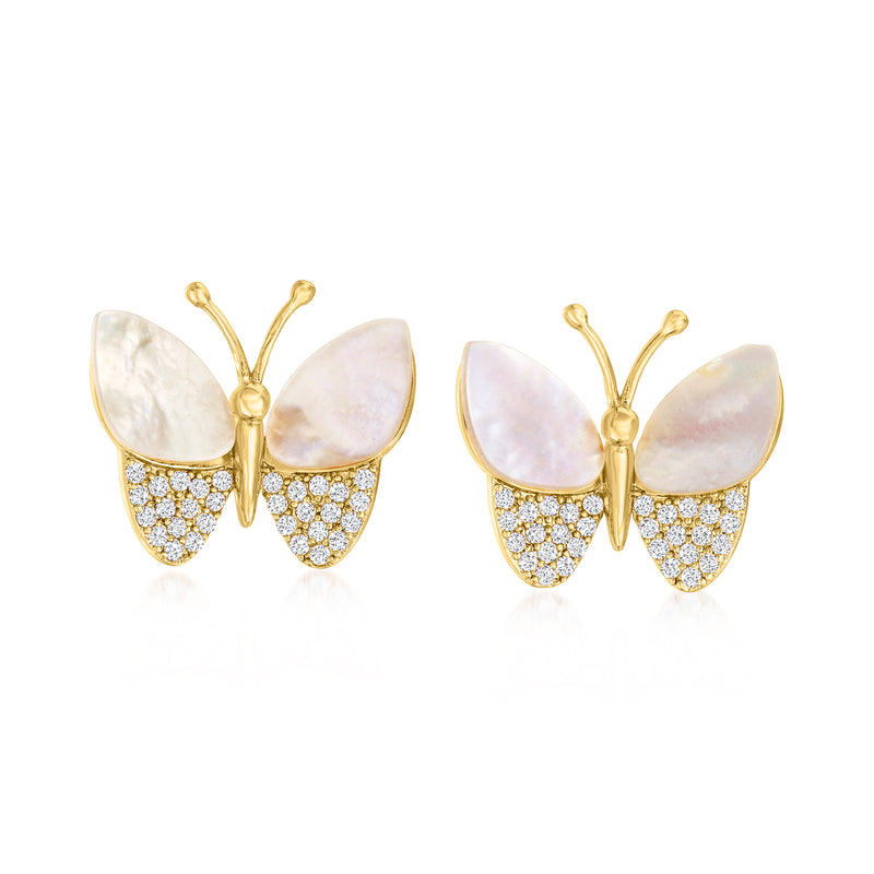 Butterfly stud earrings with mother-of-pearl wings and gold-toned CZ detail