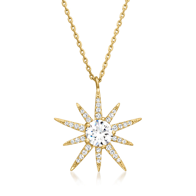 Gold-tone CZ star pendant necklace with clear faceted center stone and starburst stones