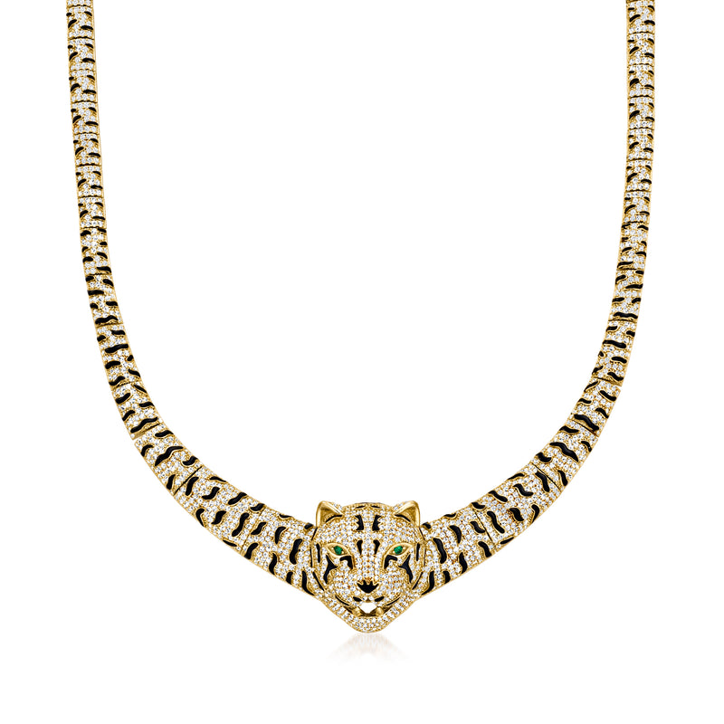 Gold-tone tiger head necklace with black enamel and crystal accents, close-up pendant