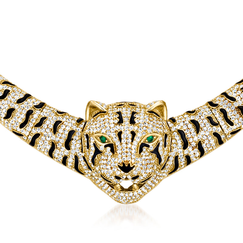 Tiger head necklace with CZ and black enamel in gold over sterling