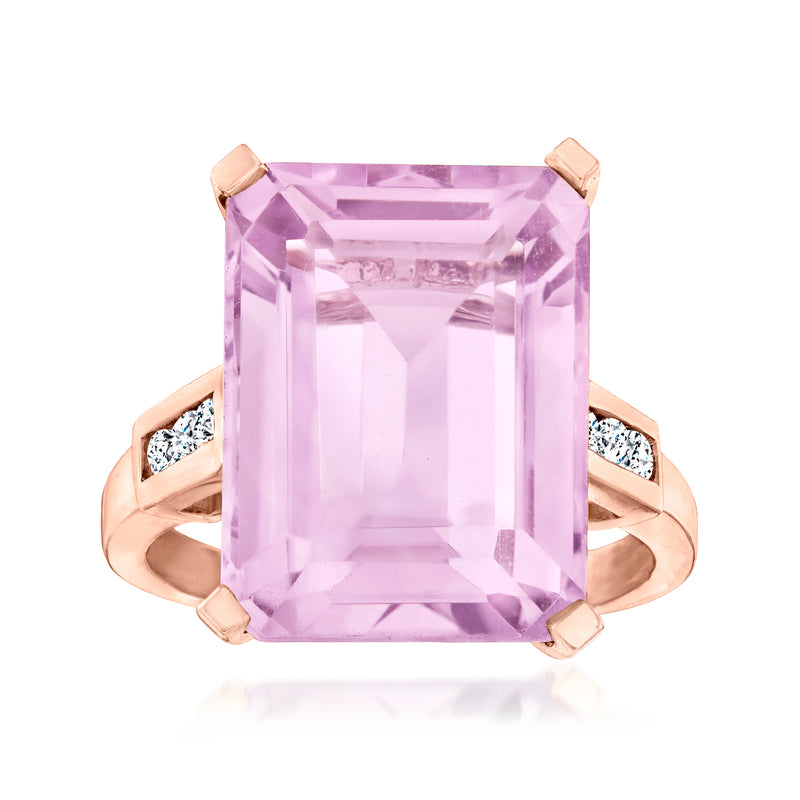 Rose gold ring with large emerald-cut amethyst and diamond accents