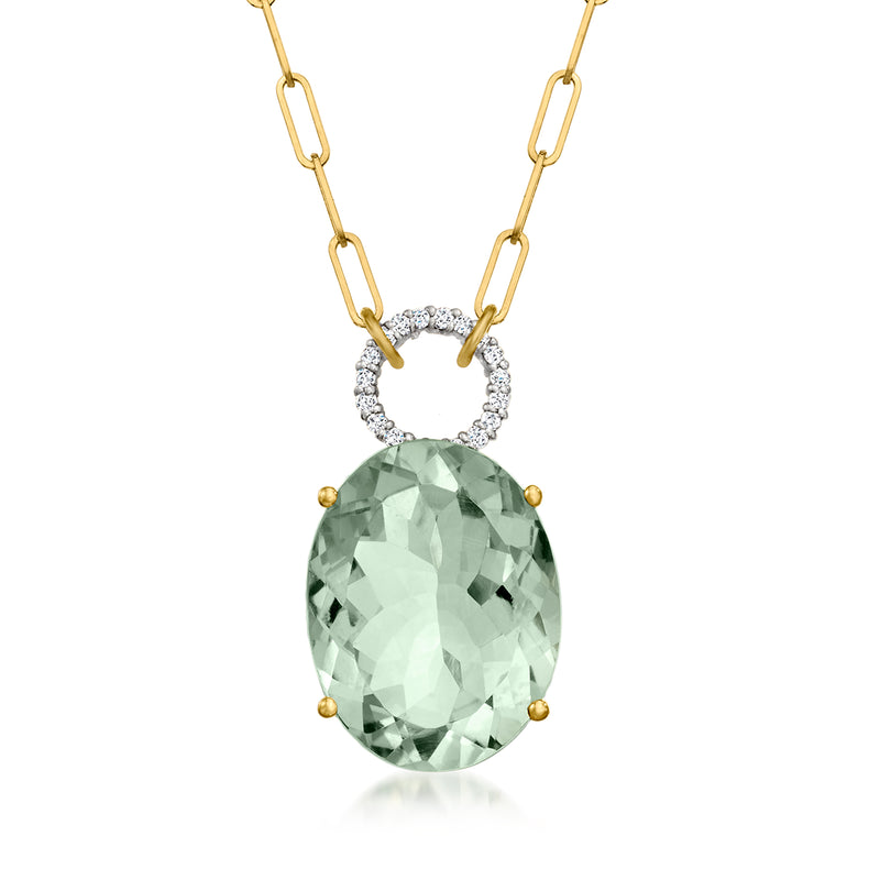 Two-tone gold pendant necklace with oval green prasiolite and diamond halo