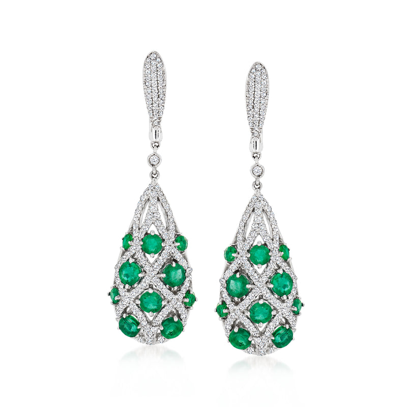 Emerald and diamond drop earrings in white gold, pair with teardrop clusters