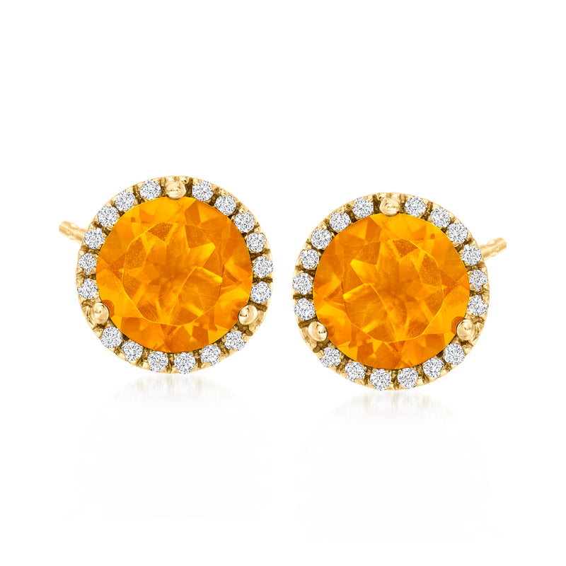 Citrine halo stud earrings in 14kt yellow gold with diamond accents, post backs