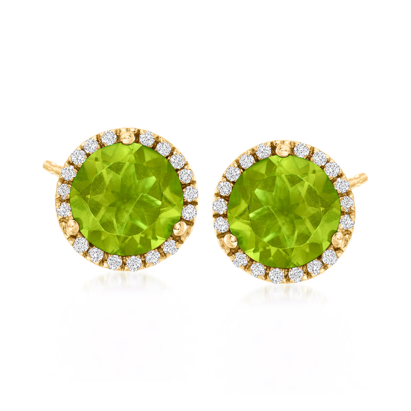 14kt yellow gold peridot oval halo stud earrings with diamond accents