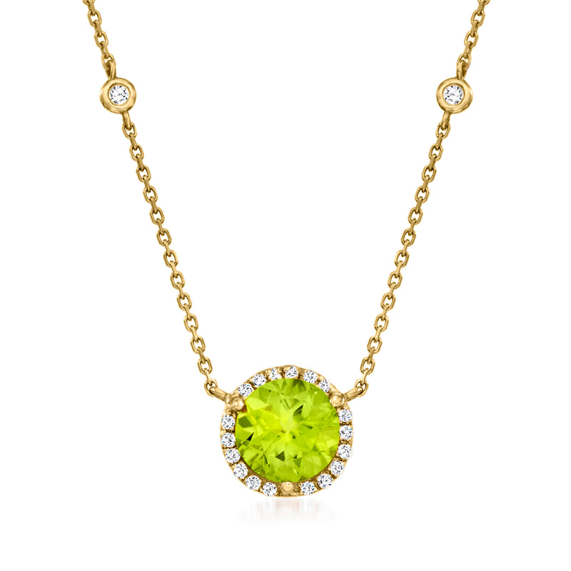 14kt yellow gold halo pendant necklace with green peridot center and diamond accents