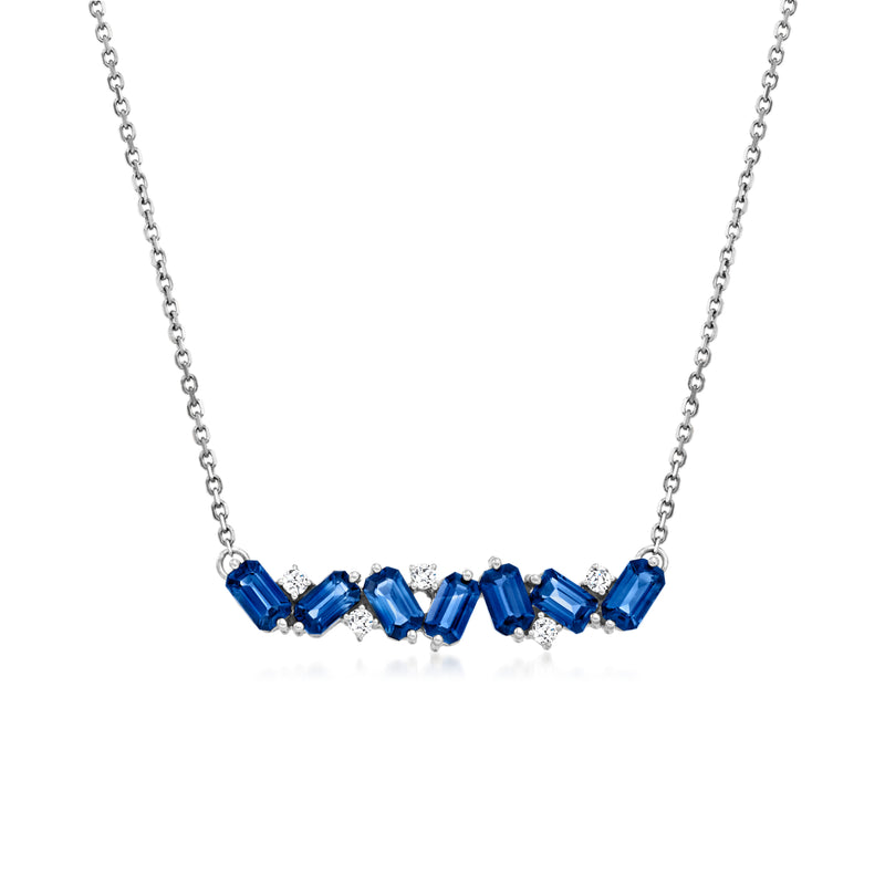 14kt white gold necklace with blue sapphire bars and small diamond accents
