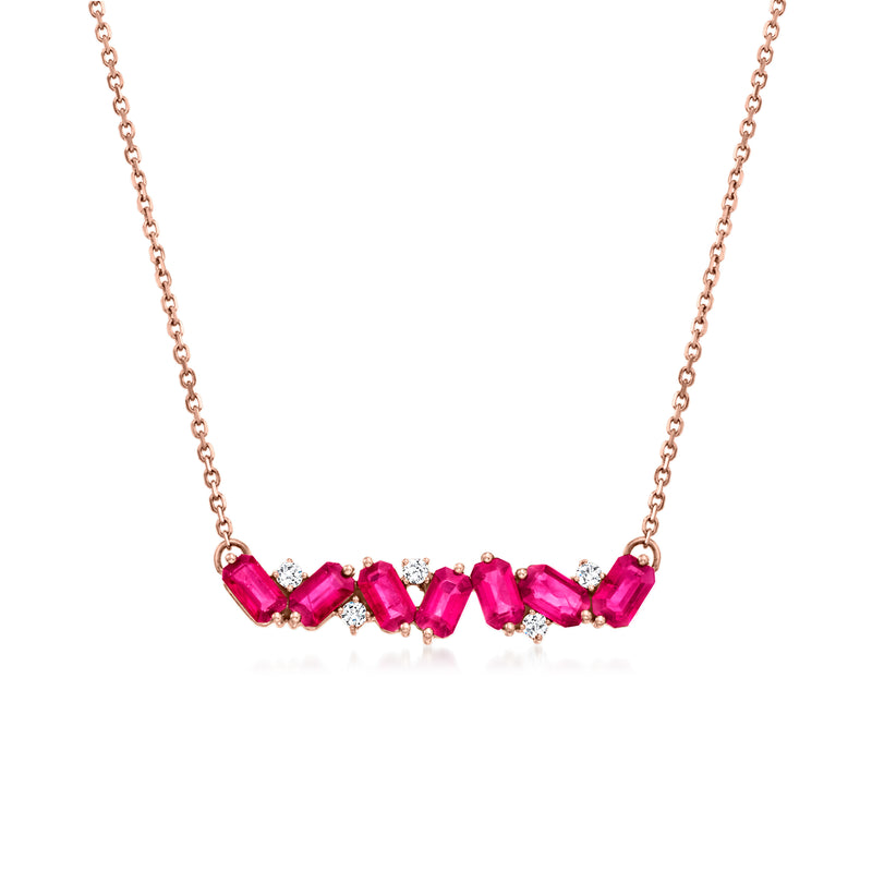 14kt rose gold ruby and diamond bar necklace with marquise-style gems