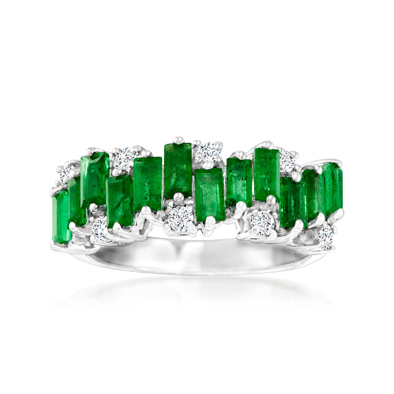 14kt white gold emerald and diamond ring with green emerald row and small white diamonds