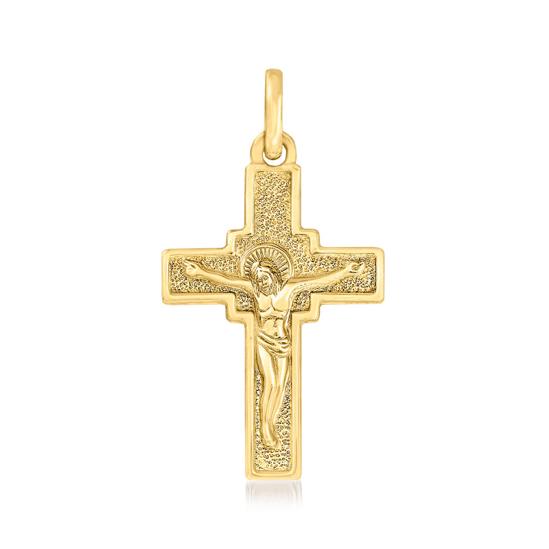 14kt yellow gold crucifix pendant with detailed Jesus figure and textured border