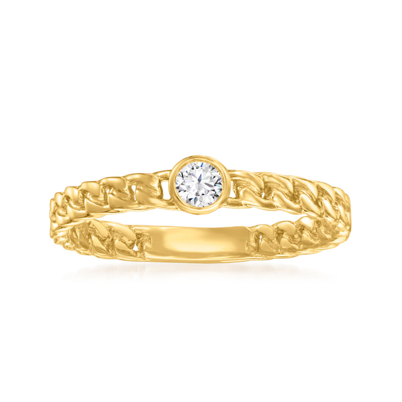 14kt yellow gold curb-link ring with round bezel-set diamond center