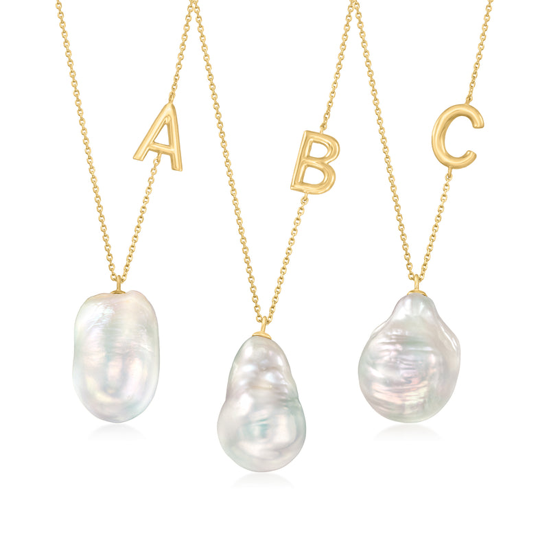 Yellow gold initial necklace with baroque cultured pearls; letters A, B, C