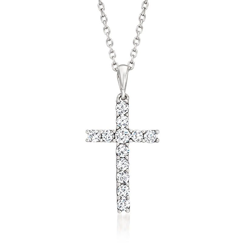 Sterling silver cross pendant necklace with diamond accents on a cable chain