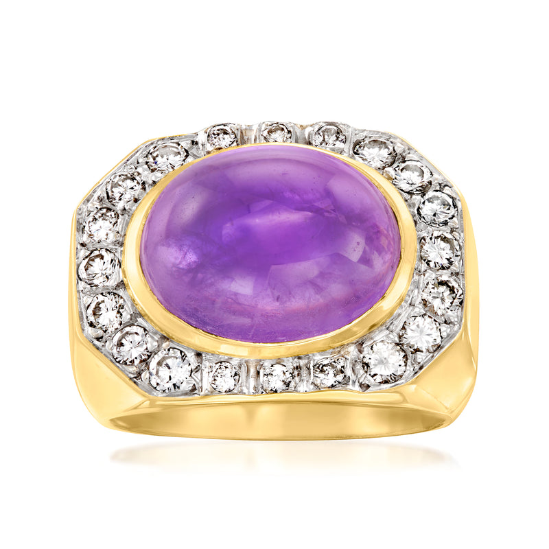 Oval amethyst cabochon ring in 14kt yellow gold with diamond halo setting