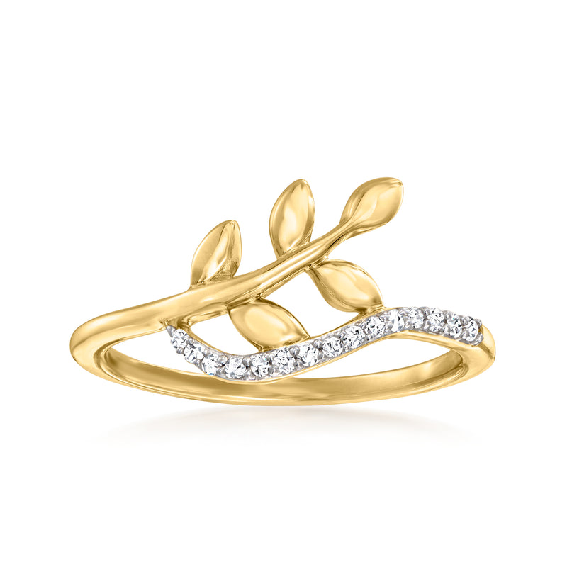 10kt yellow gold leaf ring with diamond-accented channel-set stones