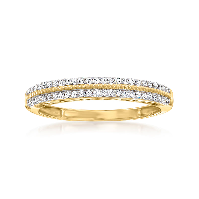 10kt yellow gold diamond milgrain ring with two rows of round-cut stones