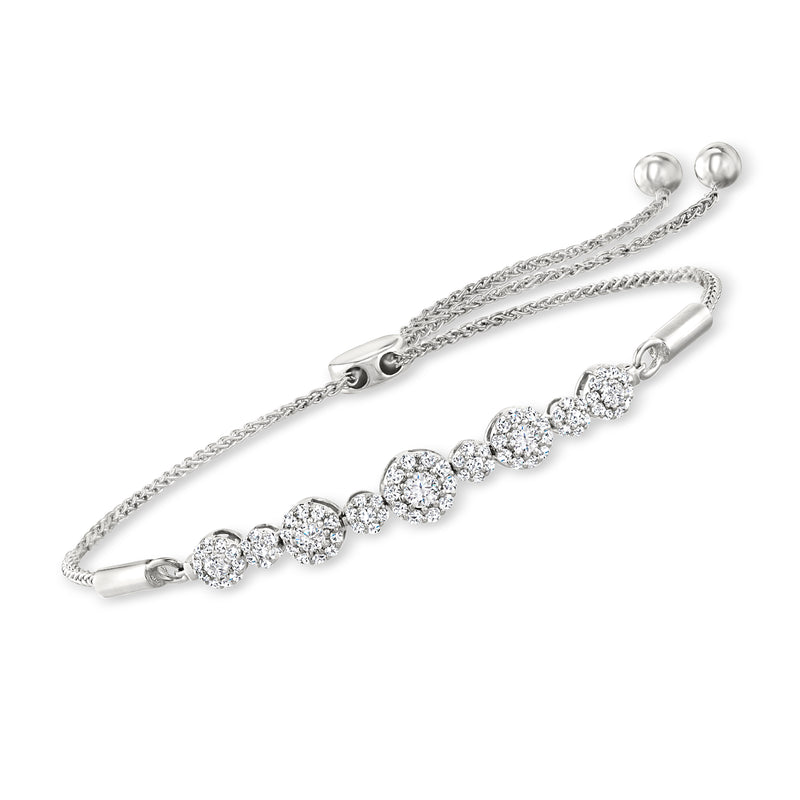 14kt white gold diamond cluster bolo bracelet with adjustable sliding end tips